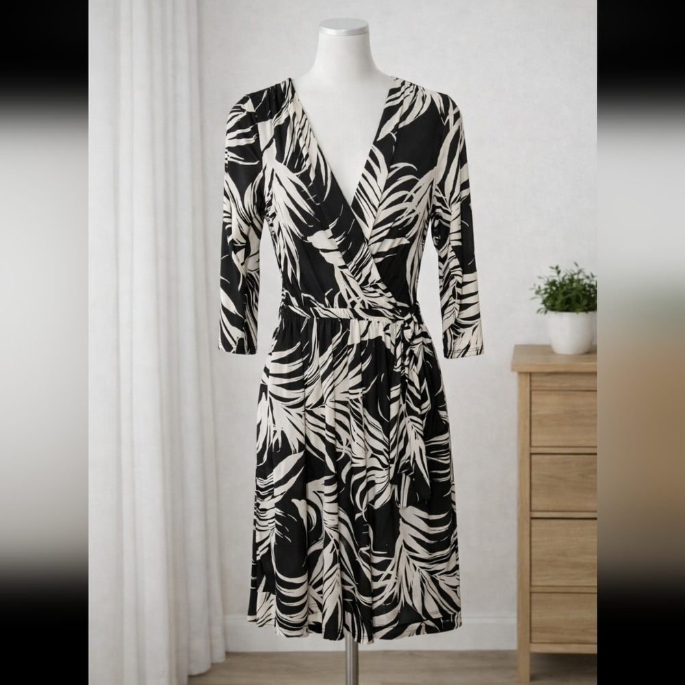 Tiana B. Black and Cream Leaf Pattern Dress